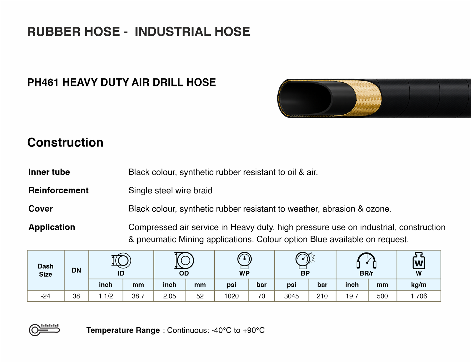 High Temp Compressed Air Drill Hose Specifications